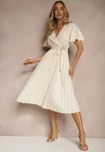 Sukienki - Jasnobeżowa Sukienka Wiązana w Talii z Plisowaniem na Dole Dorseki - miniaturka - grafika 1