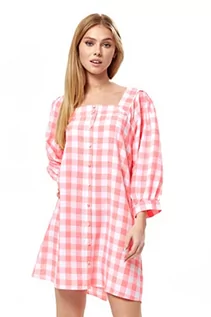 Sukienki - Liquorish Damska różowa sukienka w kratkę z bufiastymi rękawami ślubna, 10 - grafika 1