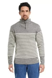 Swetry męskie - Wełniany sweter w paski z zapinaniem pod szyją Armor Lux Pull Camionneur Héritage - Light Grey / White - grafika 1