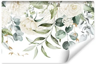 Fototapeta Do Sypialni Białe KWIATY Róże Piwonie Peonie Liście Natura Akwarela 368cm x 254cm - Fototapety - miniaturka - grafika 1