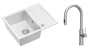 Quadron Unique Zlewozmywak granitowy jednokomorowy 62*50*22 cm z ociekaczem MORGAN 116 SNOW WHITE z syfonem Push-2-Open w kolorze stalowym z baterią JENNIFER Q LINE SLIM z wyciąganą wylewką i funkcją prysznica kolor stal szczotkowana - Zlewozmywaki z baterią - miniaturka - grafika 1