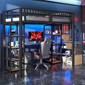 Łóżka dla dzieci i młodzieży - Łóżko piętrowe 90 x 200 cm z biurkiem i półkami - MDF + rama żelazna - pasek świetlny LED i port USB - czarne (materac nie jest dołączony) - miniaturka - grafika 1