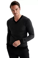Koszulki męskie - DeFacto Męski sweter z dzianiny z długim rękawem okrągły dekolt - slim fit sweter dla mężczyzn topy (czarny, XL), czarny, XL - miniaturka - grafika 1