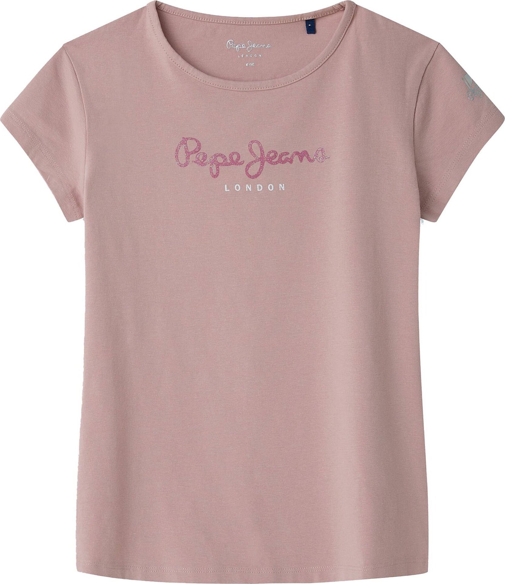 T-shirt dziewczęcy Pepe Jeans - HANA GLITTER, bawełna, okrągły dekolt, krótki rękaw, brokat, logo, jednokolorowy różowy 188