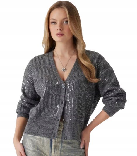 GUESS SZARY SWETER DAMSKI Z CEKINAMI Z DEKOLTEM V XS GNA