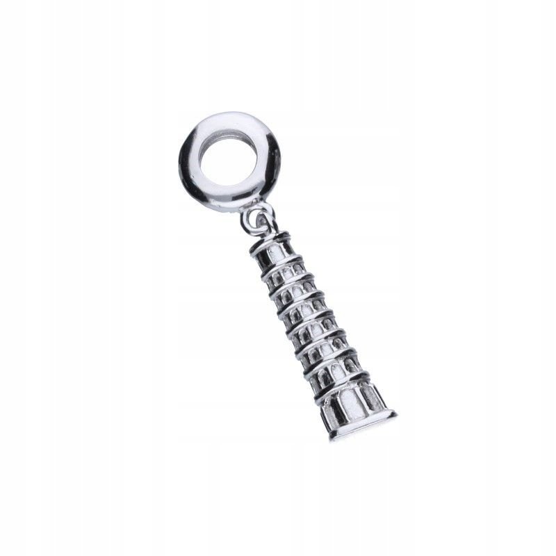 Zawieszka Bead Srebro Rodowane 925 Krzywa Wieża na Bransolety 3mm podróże