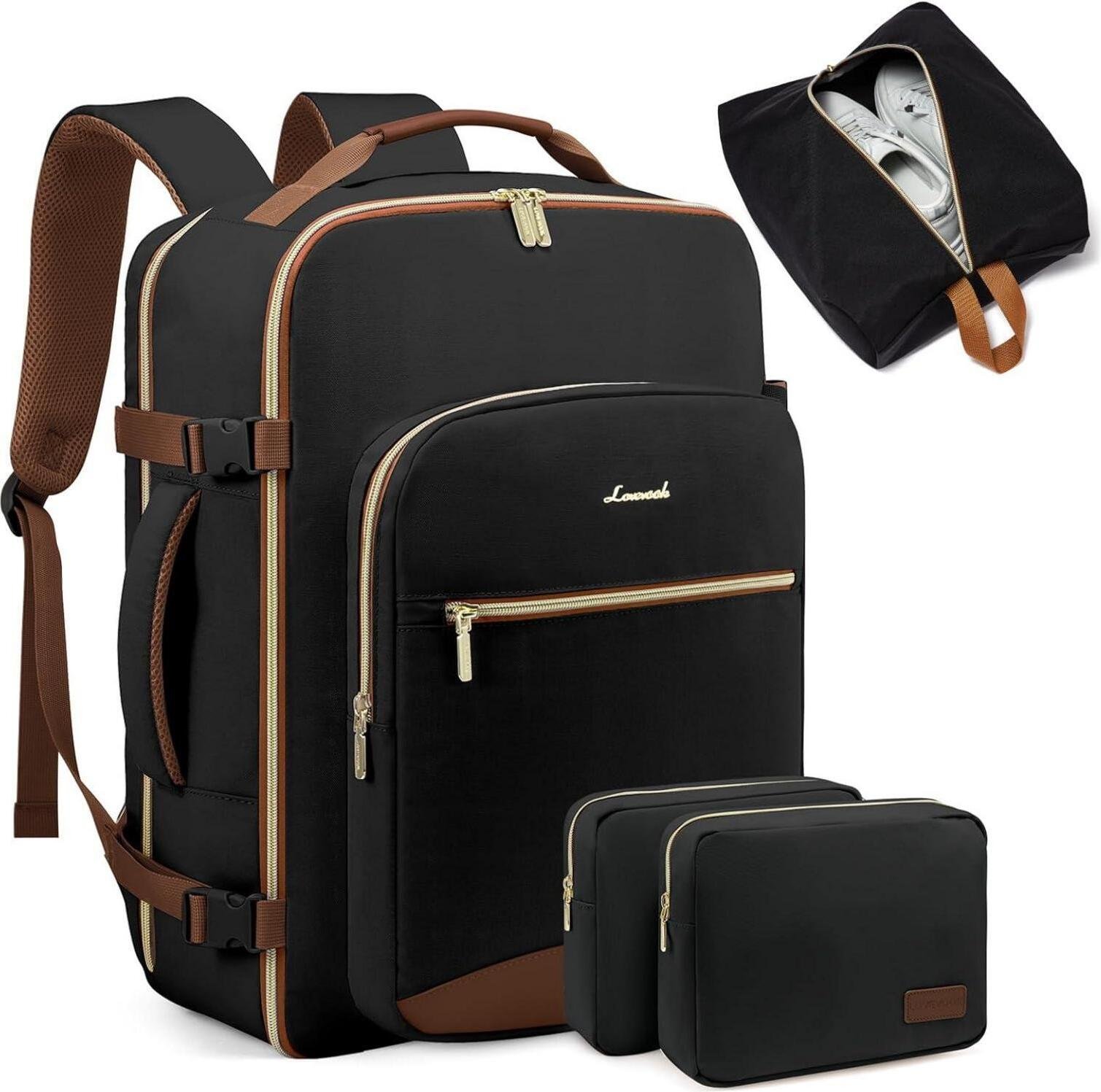 Plecak na bagaż podręczny 40L plecak podróżny damski plecak walizka czarny + brązowy