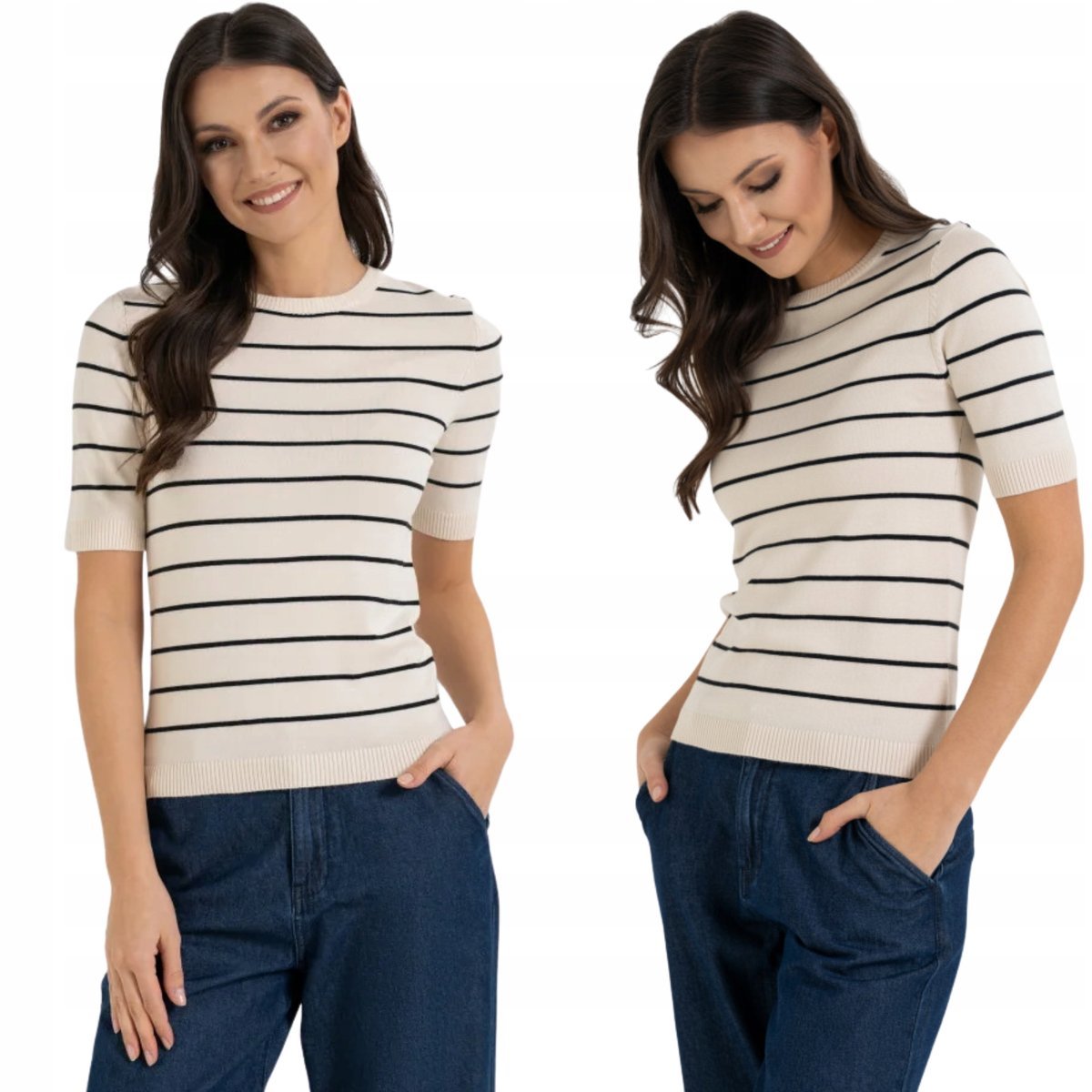 SWETER DAMSKI Z KRÓTKIM RĘKAWEM Z WISKOZY BLUZKA GŁADKA MORAJ M ECRU