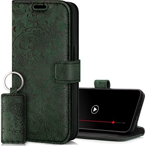SURAZO Etui na telefon komórkowy Samsung Galaxy M54, skórzane – składane etui ochronne z prawdziwej skóry [magnes, przegródka na karty, ochrona RFID, kwiatowy wzór] etui z klapką, skórzane etui