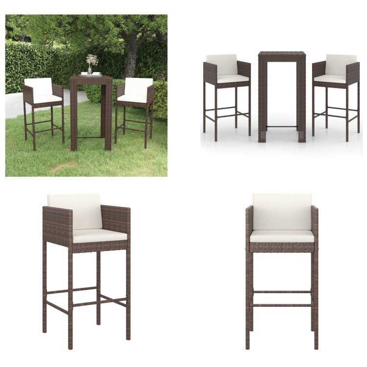 vidaXL 3-częściowy ogrodowy zestaw barowy z poduszkami z rattanu w kolorze brązowym - ogrodowy zestaw barowy - ogrodowy zestaw barowy - ogrodowy zestaw jadalny - ogrodowe zestawy jadalne