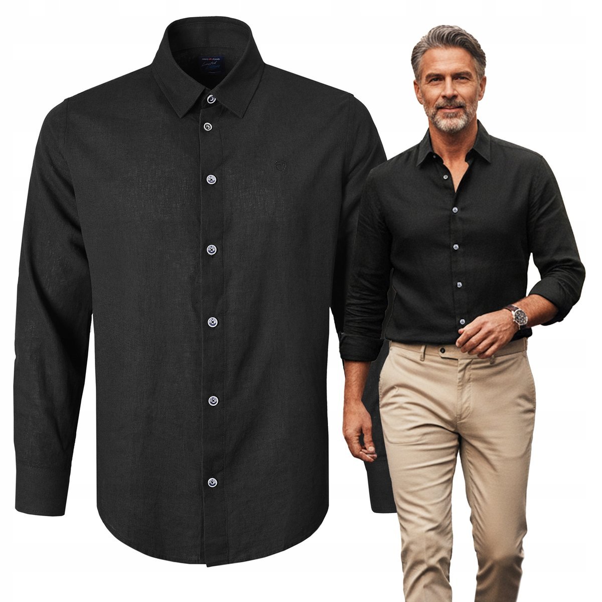 KOSZULA Męska z Długim Rękawem LNIANA Bawełna CZARNA 2XL Regular Fit Pako Jeans