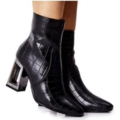 Botki damskie - S.Barski Damskie Botki Czarne Skóra Krokodyla Milo - miniaturka - grafika 1