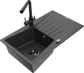 Zlewozmywaki z baterią - Mexen Cesar zlewozmywak granitowy 1-komorowy z ociekaczem i baterią kuchenną Duero, czarny nakrapiany - 6514-76-671600-70-B - miniaturka - grafika 1