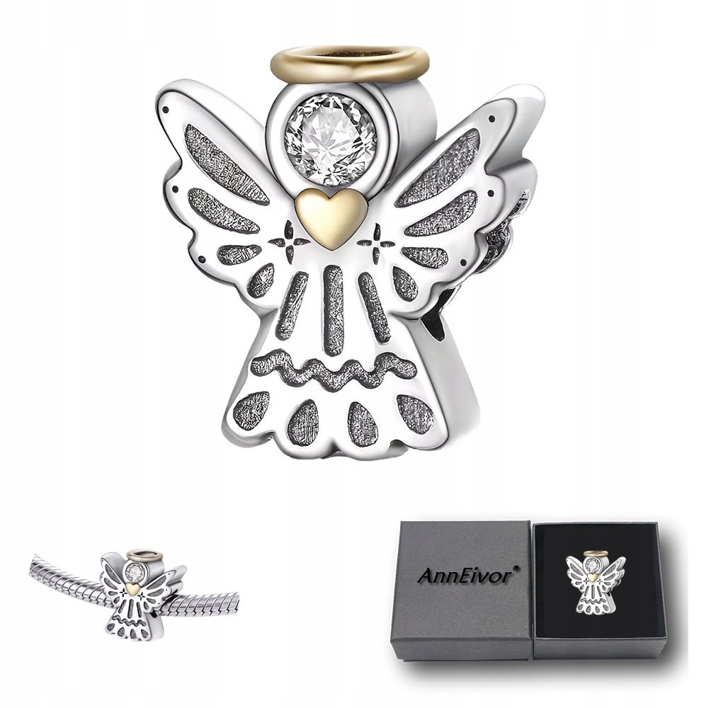 Koralik Modułowy Srebrny S925 Anioł Z Aureolą Złote Serce Idealny Prezent