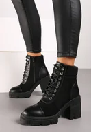 Botki damskie - Czarne Botki na Słupku i Platformie z Ozdobnym Wstawkami Ezisha - miniaturka - grafika 1