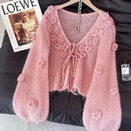 Swetry damskie - TEMU Damski Elegancki Sweter Kardigan z Trójwymiarowym Kwiatowym Wzorem i Wiązaniem z Przodu, z Luźnymi Latarnianymi Rękawami, Wykonany z Miękkiej i - miniaturka - grafika 1