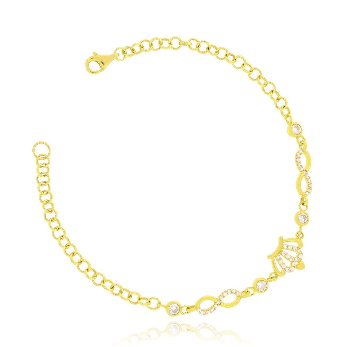 ZŁOTA BRANSOLETKA CYRKONIE Z KOŁAMI. ZNAKAMI NIESKOŃCZONOŚCI I KORONĄ pr.333