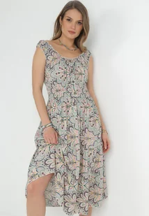 Miętowo-Różowa Rozkloszowana Sukienka Midi na Szerokich Ramiączkach z Gumkami w Pasie Anelanie - Born2be - Sukienki Miętowo-Różowa Rozkloszowana Sukienka Midi na Szerokich Ramiączkach z Gumkami w Pasie Anelanie - Born2be - Sukienki - miniaturka - grafika 1