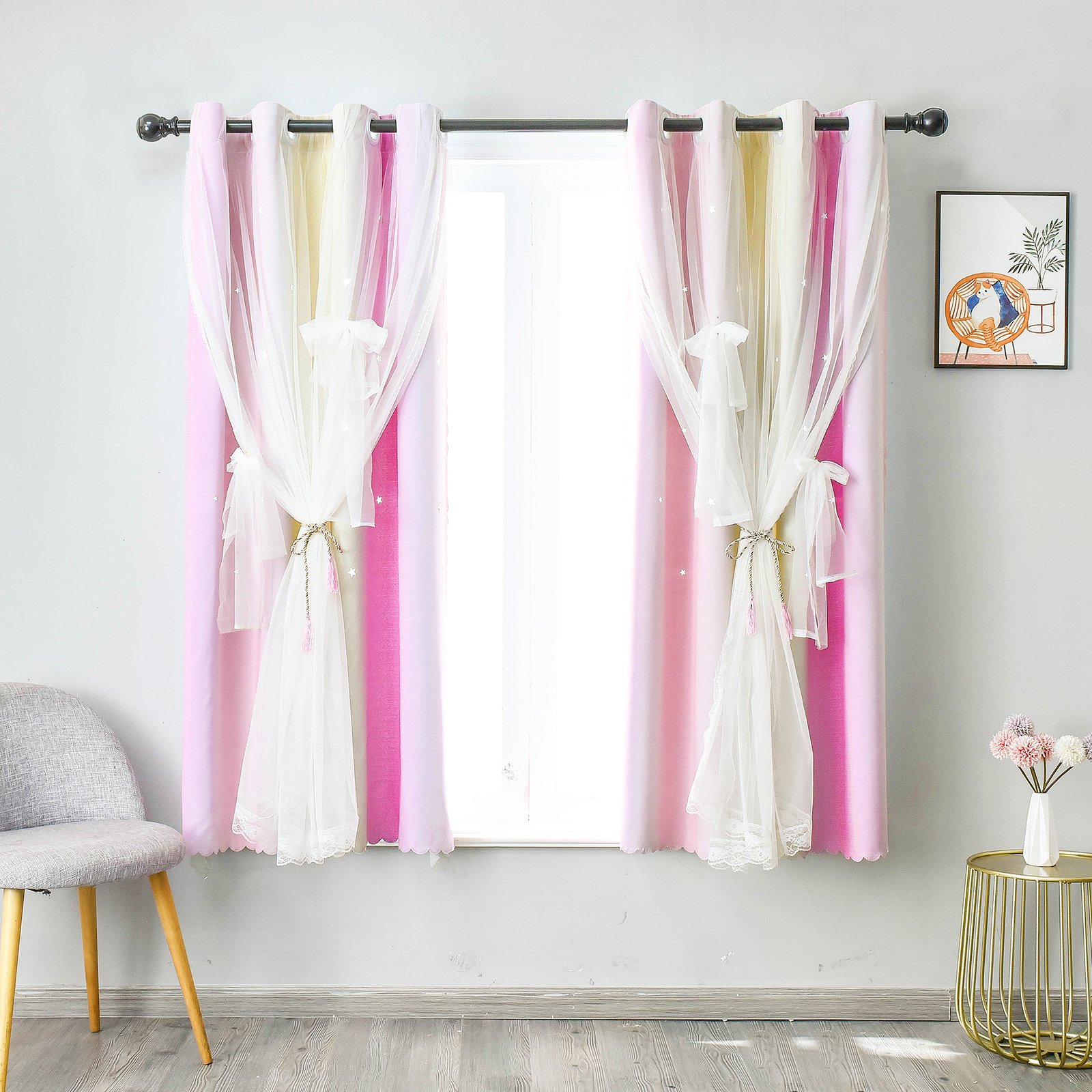 Zasłona Stars z oczkami Dwuwarstwowa nieprzezroczysta zasłona zaciemniająca Zasłony dla dziewczynek do pokoju dziecięcego, różowy, 132x213cm