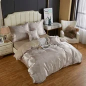 Pościel - Spod Igły I Nitki Pościel atłasowa z haftem 160x200 beżowa AT015 - miniaturka - grafika 1