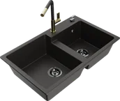 Zlewozmywaki z baterią - Mexen Tomas zlewozmywak granitowy 2-komorowy z baterią kuchenną Flora, czarny/złoty metalik - 6516-75-670401-57-B - miniaturka - grafika 1