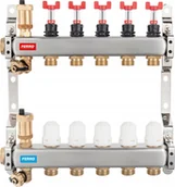 Akcesoria grzewcze - FERRO Rozdzielacz ze stali nierdzewnej 1 5-drogowy z zaworami termostatycznymi, przepływomierzami, odpowietrznikami automatycznymi, zaworami spustowymi, nyplami 3/4 - miniaturka - grafika 1