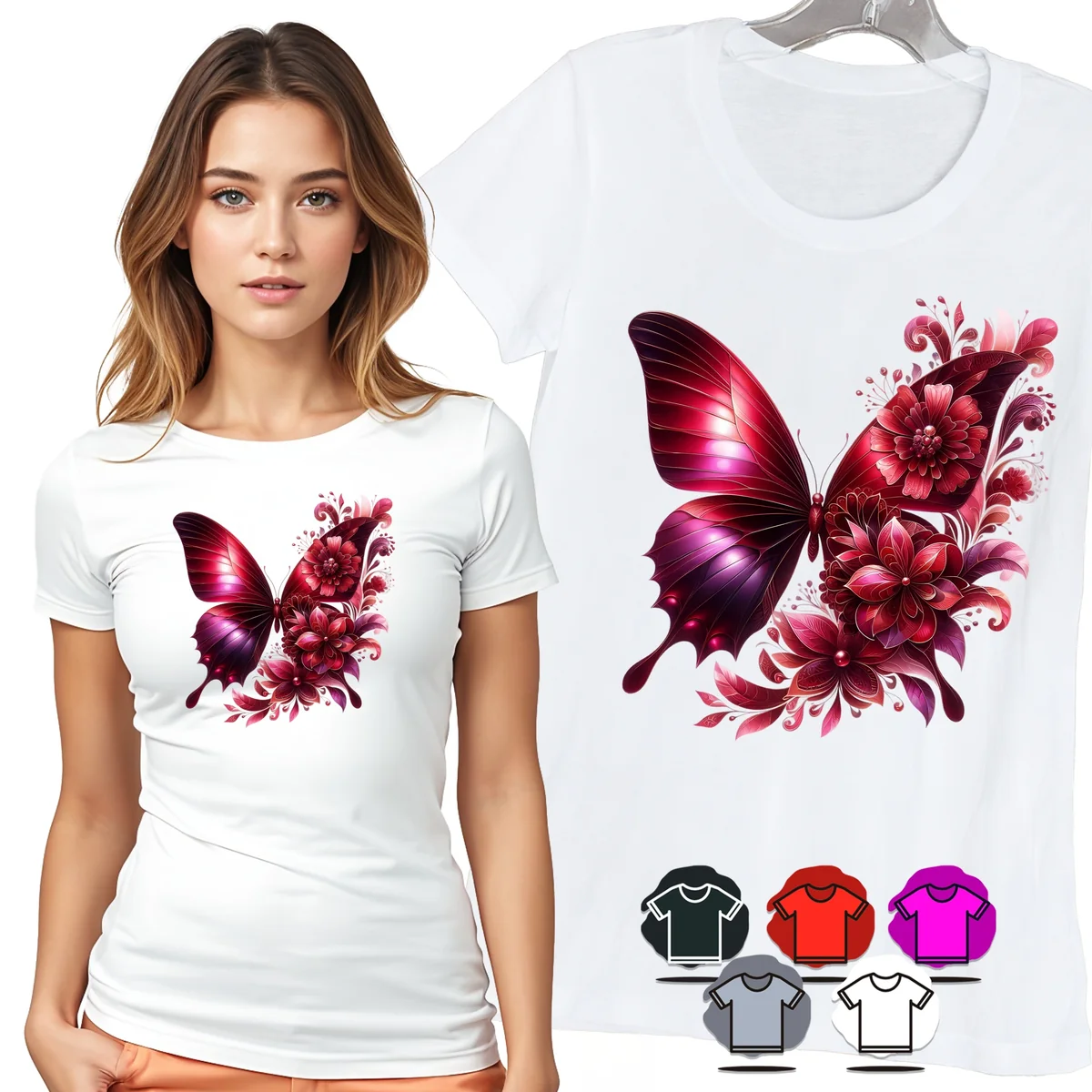 KOSZULKA DAMSKA T-SHIRT - MOTYL BORDOWY KWIATY ELEGANCKI WZÓR DAMSKI - S