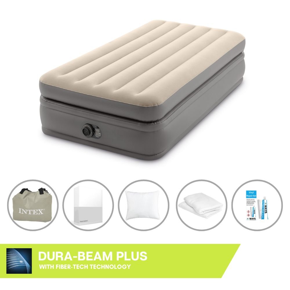 Łóżko dmuchane Intex - 1 osoba - 99 x 191 x 51 cm - Szare - Z wbudowaną pompką + prześcieradło białe + poduszka + poszewki Molton 2 w 1 + zestaw naprawczy