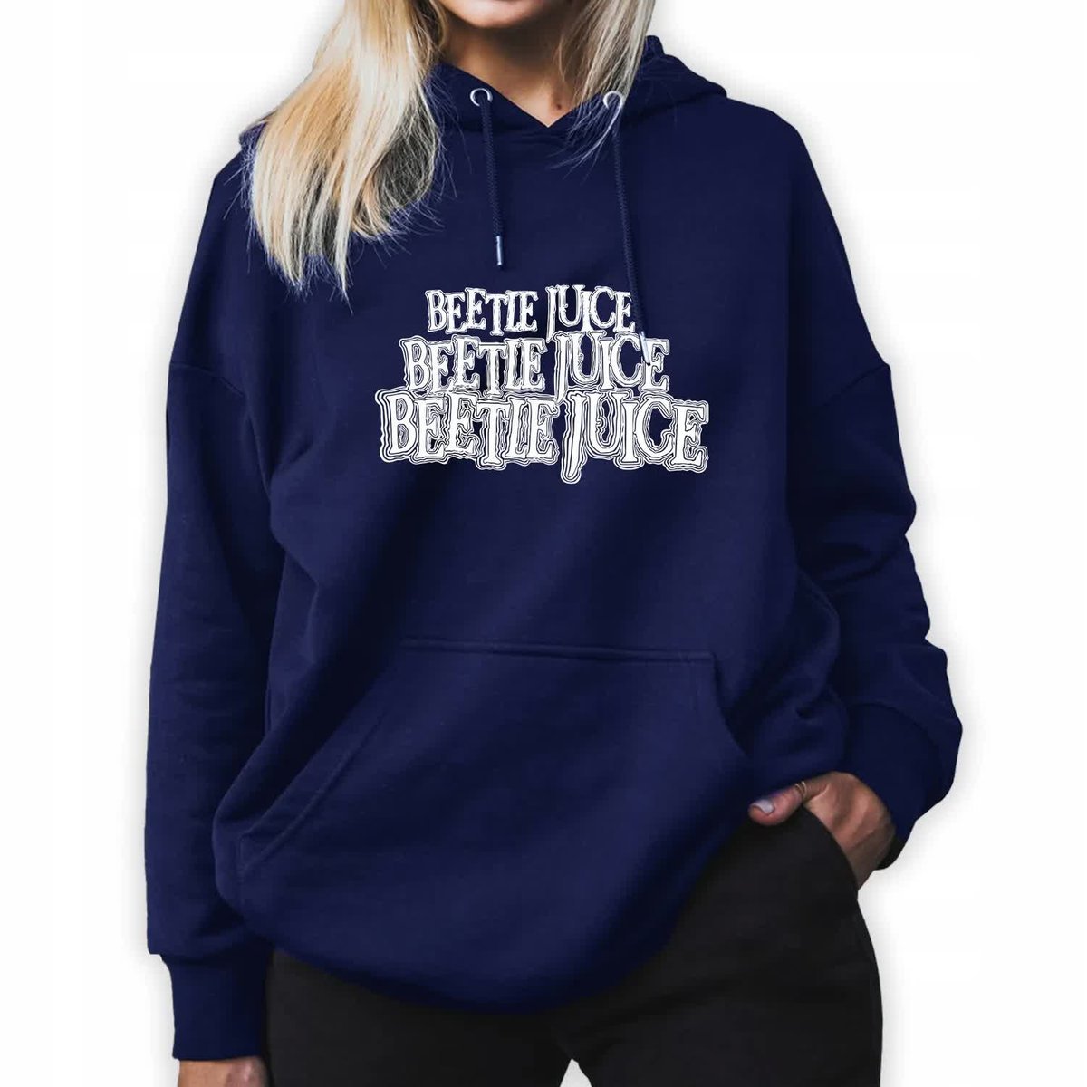 BLUZA GRANATOWA Z Kapturem Damska Na Prezent Dla Fana BEETLEJUICE Wzory - L