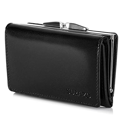 SURAZO® Skórzany portfel damski, mały, wiele przegródek – portmonetka damska z 12 przegródkami na karty [ochrona RFID] [przegródka na monety] skórzany portfel damski z klapką (czarny), czarny, m