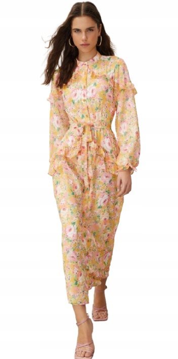 TRENDYOL WIELOKOLOROWA SUKIENKA MIDI W KWIATY Z FALBANAMI 38 5AA