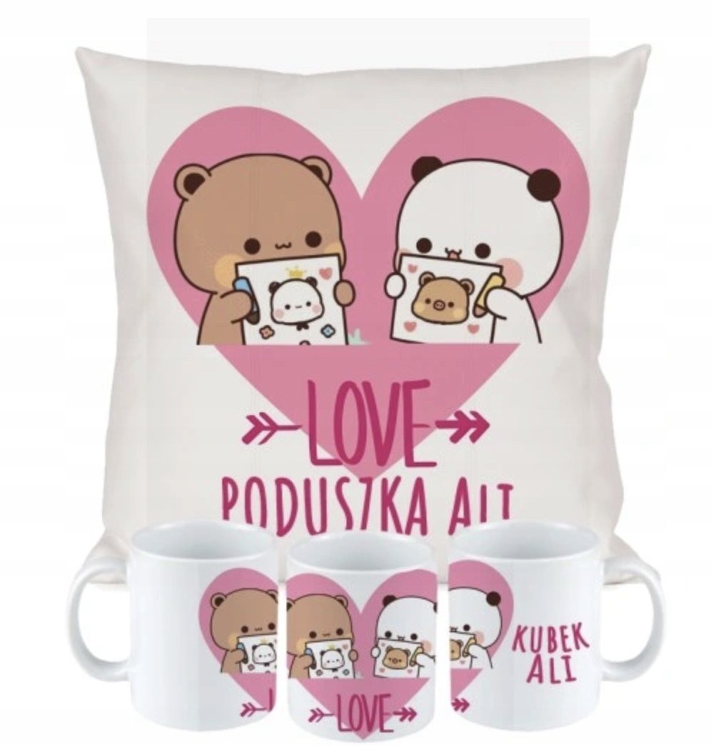ZESTAW PODUSZKA + KUBEK Prezent BUBU DUDU LOVE MISIE + IMIĘ 18