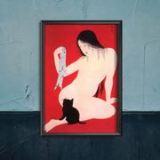Plakaty - Plakat retro do salonu Kobieta z kotkiem A2 40x60cm z ramką pion - miniaturka - grafika 1