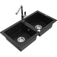 Zlewozmywaki z baterią - Mexen Mario zlewozmywak granitowy 2-komorowy z baterią kuchenną Flora, czarny - miniaturka - grafika 1
