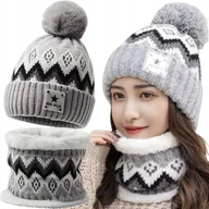 Czapki damskie - Czapka Damska Komin Komplet Dwuwarstwowy Zimowa Ciepła Pompon 52-58 Szary - miniaturka - grafika 1