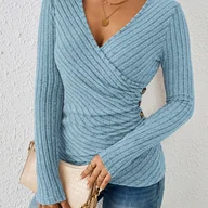 Bluzki damskie - TEMU Damska koszulka z długim rękawem i wycięciem w kształcie litery V, jednokolorowa, z guzikami - miniaturka - grafika 1