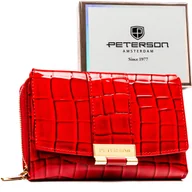 Portfele - Mały portfel damski PETERSON lakierowany na zatrzask i suwak ochrona kart RFID elegancki prezent czerwony - miniaturka - grafika 1