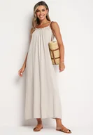 Sukienki - Beżowa Muślinowa Bawełniana Sukienka na Cienkich Regulowanych Ramiączkach z Wiązaniem Natalbea - miniaturka - grafika 1