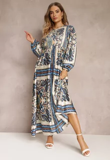 Sukienki - Granatowo-Beżowa Rozkloszowana Sukienka Maxi w Stylu Boho z Gumką w Pasie Elenetha - grafika 1