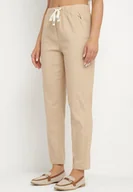Spodnie damskie - Ciemnobeżowe Bawełniane Spodnie z Wiązaniem Feltebia - miniaturka - grafika 1