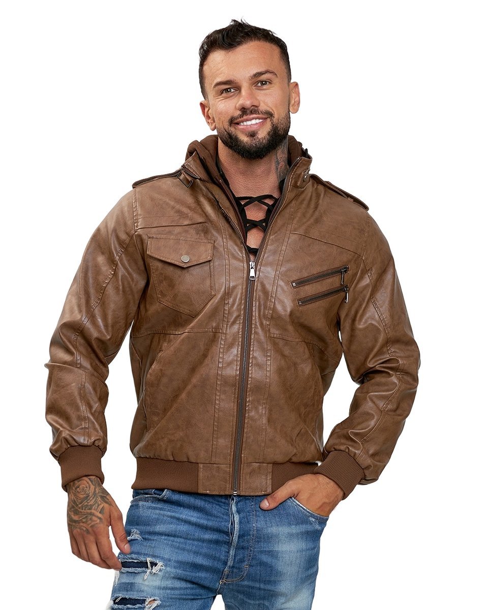 BRĄZOWA KURTKA MĘSKA Z KAPTUREM I ŚCIĄGACZAMI REGULAR 4XL 17AA