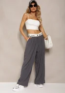 Spodnie damskie - Szare Spodnie Palazzo High Waist z Szerokimi Nogawkami z Zapięciem na Guziki i Zamek Lomedia - miniaturka - grafika 1