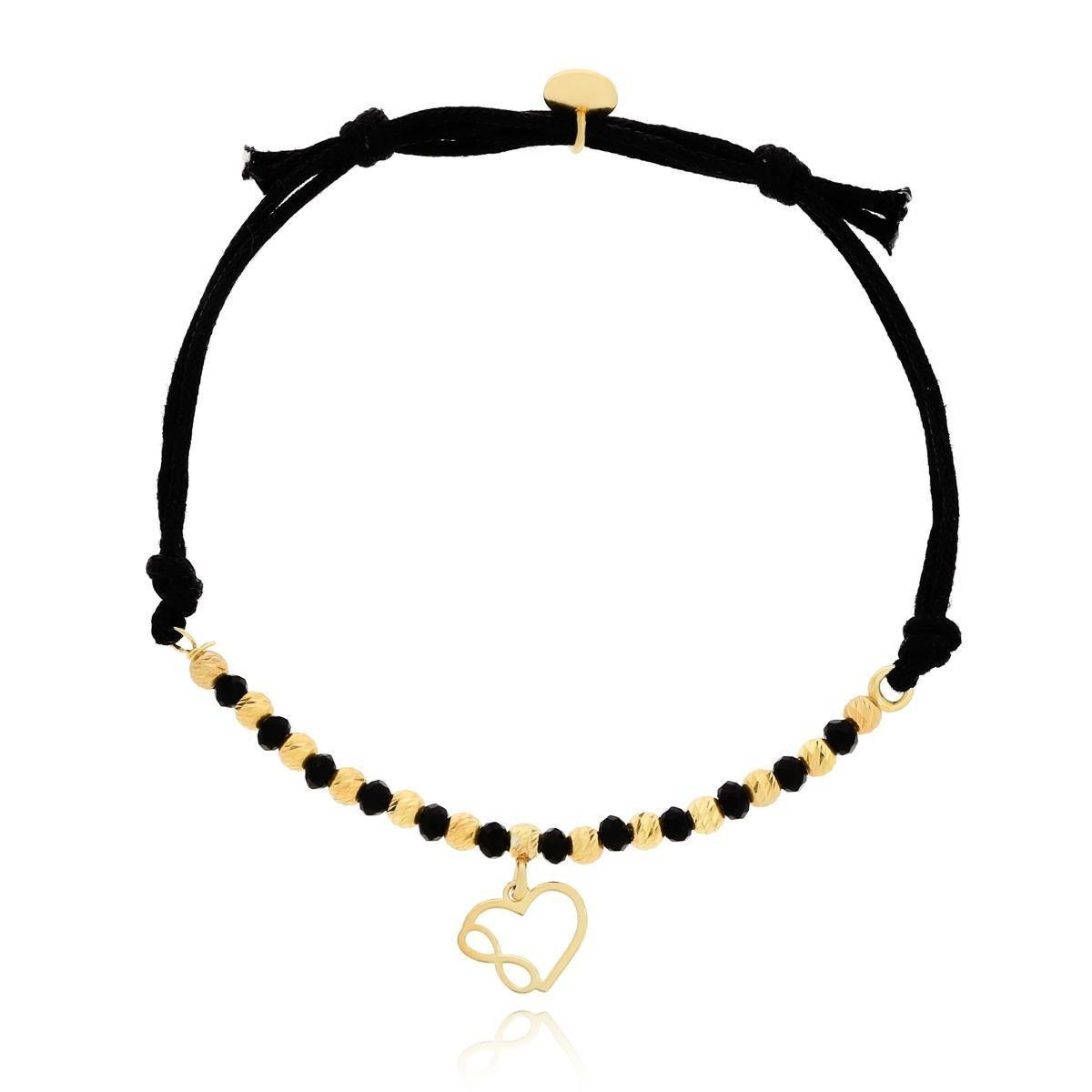 Bransoletka czarny sznurek serce, znak nieskończoności, kulki srebro pozłacane pr. 925