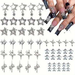 TEMU 55 Sztuk Y2K Style Srebrna Gwiazda Akcesoria Do Nail Art - Naklejki 3D Alloy Star, Błyszczące Gwiazdy i Błyszczące Projekty Gwiazdy dla Kobiet i - Ozdoby do paznokci - miniaturka - grafika 1