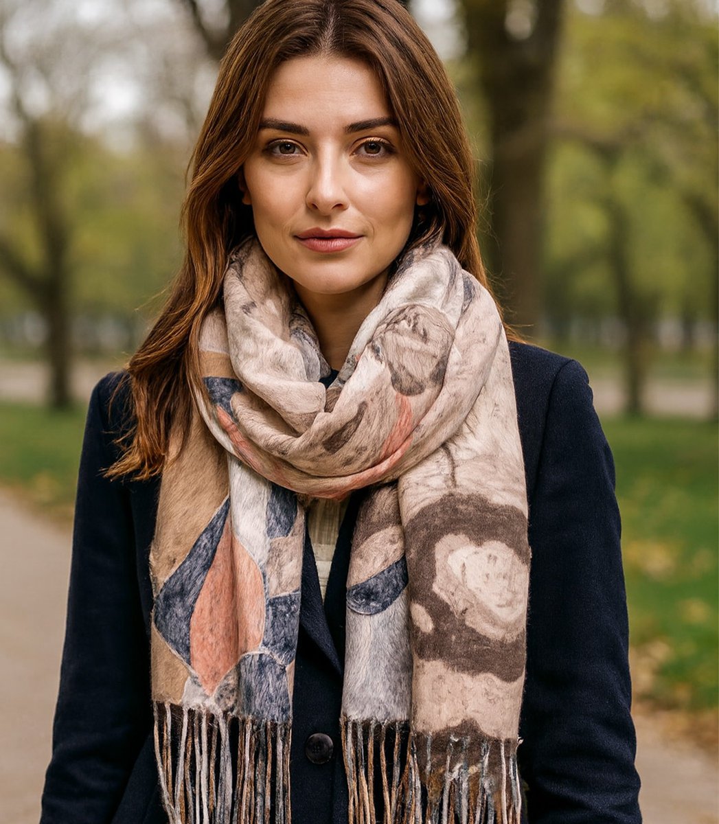 Szal damski z motywem akwarelowych kwiatów frędzle