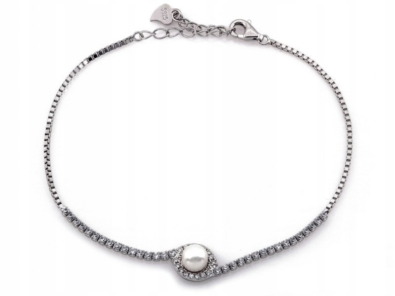 Elegancka łańcuszkowa srebrna 925 bransoletka z cyrkoniami i perłą r21