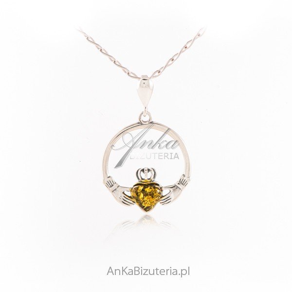 ankabizuteria.pl Srebrna zawieszka z bursztynem IRLANDZKI CLADDAGH –
