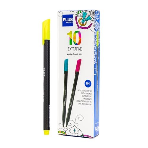 Plus Office 10 cienkich pisaków 0,4 mm, idealne do pisania, malowania i rysowania, długopisów szkolnych z cienką końcówką, kolorowy tusz na bazie wody (neonowy żółty)