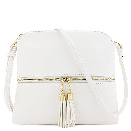 Lekka średnia torba crossbody z frędzlami, biały, One Size
