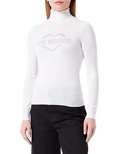 Swetry damskie - Love Moschino Damski sweter Slim Fit Turtleneck with Heart Jacquard Intarsia Pulower Sweater, optical white, 40 - grafika 1